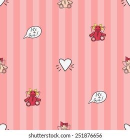 Funny cute new born welcome baby girl toy, white, inscription vector seamless pattern on striped pink background. Set of isolated elements. Chess grid order pattern.