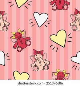 Funny cute new born welcome baby girl toy, white, yellow vector seamless pattern on striped pink background. Set of isolated elements. Chess grid order pattern.