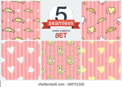 Funny cute new born welcome baby girl crown, heart, toy fox. Set of 5 vector seamless pattern. Chess grid order pattern.