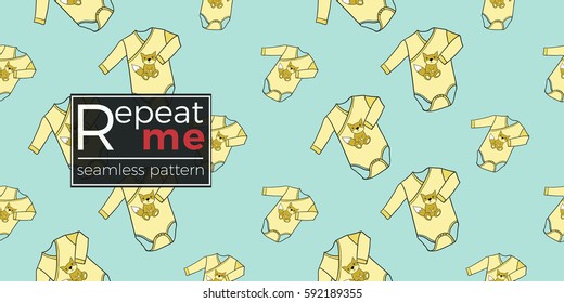 Funny cute new born welcome baby boy bodysuit vector seamless pattern on light blue background. Backdrop for children nursery, greeting card, web, apps.