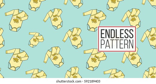 Funny cute new born welcome baby boy bodysuit vector seamless pattern on light blue background. Backdrop for children nursery, greeting card, web, apps.