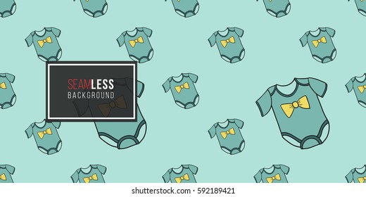 Funny cute new born welcome baby boy bodysuit vector seamless pattern on light blue background. Backdrop for children nursery, greeting card, web, apps.
