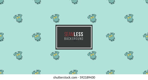 Funny cute new born welcome baby boy bodysuit vector seamless pattern on light blue background. Backdrop for children nursery, greeting card, web, apps.