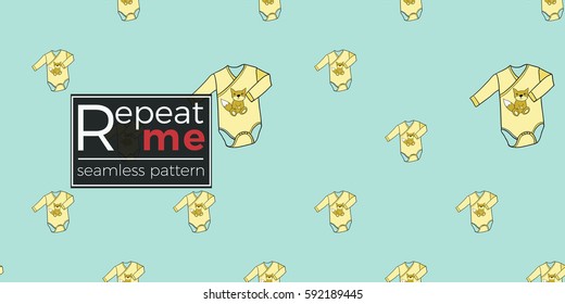 Funny cute new born welcome baby boy bodysuit vector seamless pattern on light blue background. Backdrop for children nursery, greeting card, web, apps.