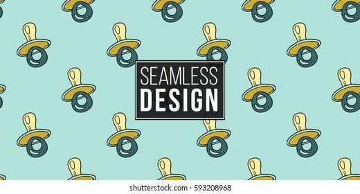 Funny, cute, new born, welcome baby boy soother vector seamless pattern on light blue background. Backdrop for children nursery, greeting card, web, apps.