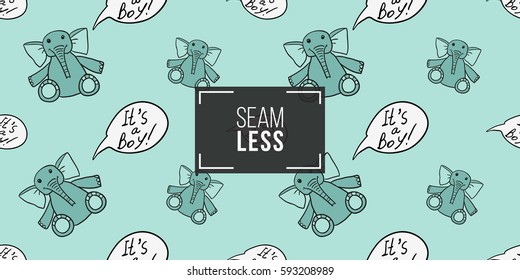 Funny, cute, new born, welcome baby boy inscription and elephant toy vector seamless pattern on light blue background. Backdrop for children nursery, greeting card, web, apps.