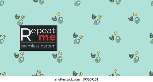 Funny, cute, new born, welcome baby boy bib vector seamless pattern on light blue background. Backdrop for children nursery, greeting card, web, apps.