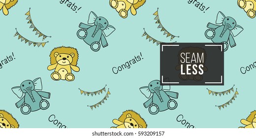 Funny cute new born welcome baby boy inscription and toy and fabric vector seamless pattern on light blue background. Backdrop for children nursery, greeting card, web, apps.