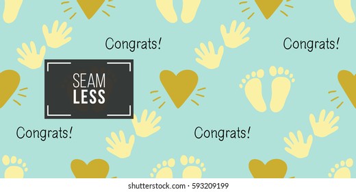 Funny cute new born welcome baby boy inscription and yellow and foot and handprint vector seamless pattern on light blue background. Backdrop for children nursery, greeting card, web, apps.