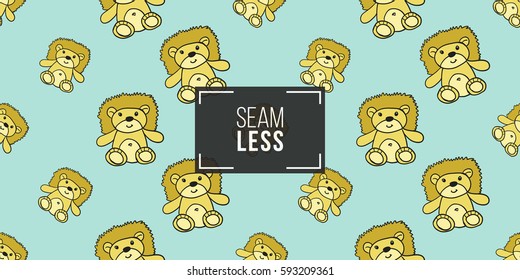Funny cute new born welcome baby boy toy lion vector seamless pattern on light blue background. Backdrop for children nursery, greeting card, web, apps.