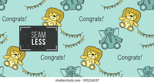 Funny cute new born welcome baby boy inscription and toy and fabric vector seamless pattern on light blue background. Backdrop for children nursery, greeting card, web, apps.