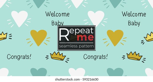 Funny cute new born welcome baby boy crown and inscription and blue and white and yellow vector seamless pattern on light blue background. Backdrop for children nursery, greeting card, web, apps.