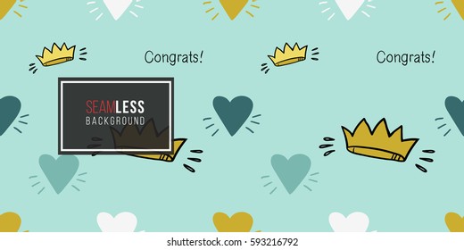 Funny cute new born welcome baby boy crown and inscription and blue and white and yellow vector seamless pattern on light blue background. Backdrop for children nursery, greeting card, web, apps.