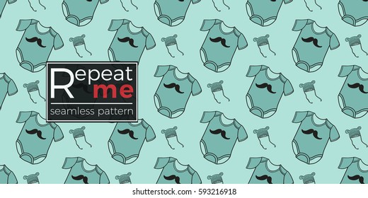 Funny cute new born welcome baby boy bodysuit and baby beanie vector seamless pattern on light blue background. Backdrop for children nursery, greeting card, web, apps.
