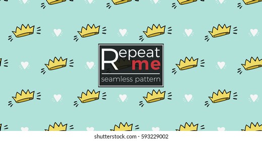 Funny cute new born welcome baby boy white and crown vector seamless pattern on light blue background. Backdrop for children nursery, greeting card, web, apps.