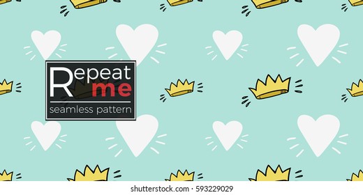 Funny cute new born welcome baby boy white and crown vector seamless pattern on light blue background. Backdrop for children nursery, greeting card, web, apps.