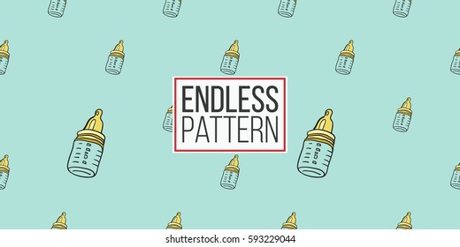 Funny cute new born welcome boy baby bottle, vector seamless pattern on light blue background. Backdrop for children nursery, greeting card, web, apps.