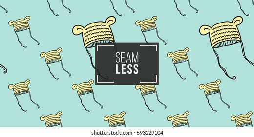 Funny cute new born welcome boy baby beanie vector seamless pattern on light blue background. Backdrop for children nursery, greeting card, web, apps.