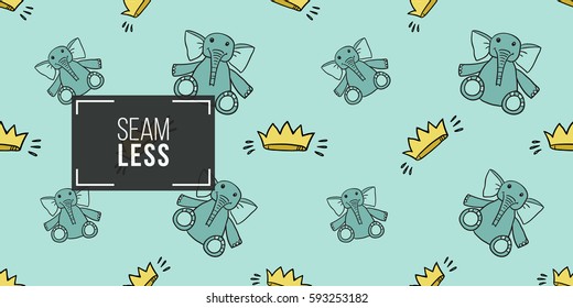 Funny cute new born welcome baby boy toy and crown vector seamless pattern on light blue background. Backdrop for children nursery, greeting card, web, apps.