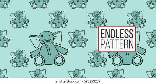 Funny cute new born welcome baby boy toy vector seamless pattern on light blue background. Backdrop for children nursery, greeting card, web, apps.