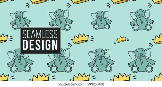 Funny cute new born welcome baby boy toy and crown vector seamless pattern on light blue background. Backdrop for children nursery, greeting card, web, apps.