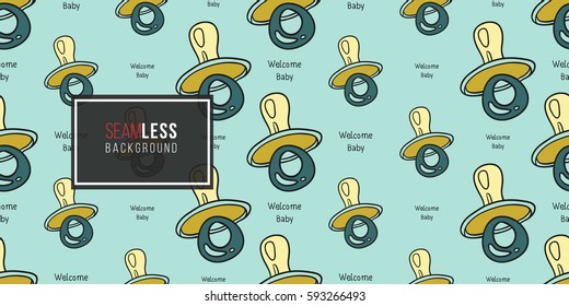 Funny cute new born welcome baby boy soother and inscription vector seamless pattern on light blue background. Backdrop for children nursery, greeting card, web, apps.
