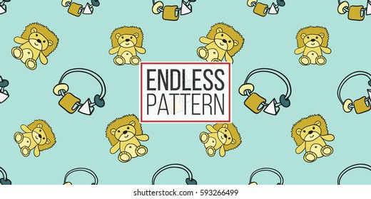 Funny cute new born welcome baby boy rattle and toy vector seamless pattern on light blue background. Backdrop for children nursery, greeting card, web, apps.