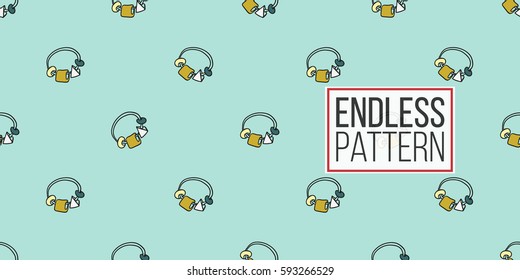 Funny cute new born welcome baby boy rattle vector seamless pattern on light blue background. Backdrop for children nursery, greeting card, web, apps.