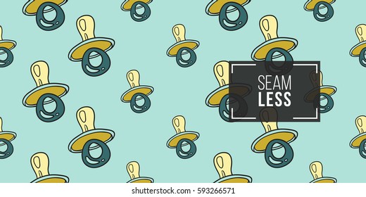 Funny cute new born welcome baby boy soother vector seamless pattern on light blue background. Backdrop for children nursery, greeting card, web, apps.