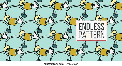 Funny cute new born welcome baby boy rattle vector seamless pattern on light blue background. Backdrop for children nursery, greeting card, web, apps.