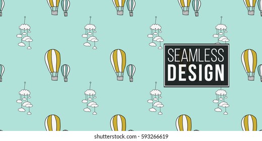 Funny cute new born welcome baby boy balloon and mobility vector seamless pattern on light blue background. Backdrop for children nursery, greeting card, web, apps.