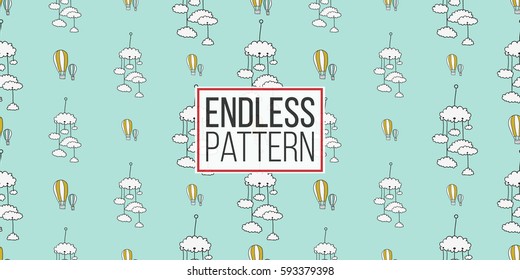 Funny cute new born welcome baby boy balloon and mobility vector seamless pattern on light blue background. Backdrop for children nursery, greeting card, web, apps.
