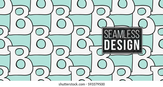 Funny cute new born welcome baby boy letter b vector seamless pattern on light blue background. Backdrop for children nursery, greeting card, web, apps.
