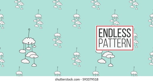 Funny cute new born welcome baby boy mobility vector seamless pattern on light blue background. Backdrop for children nursery, greeting card, web, apps.