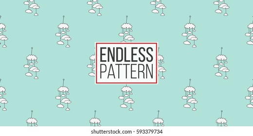 Funny cute new born welcome baby boy mobility vector seamless pattern on light blue background. Backdrop for children nursery, greeting card, web, apps.