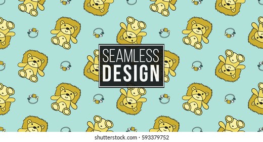 Funny cute new born welcome baby boy rattle and toy vector seamless pattern on light blue background. Backdrop for children nursery, greeting card, web, apps.