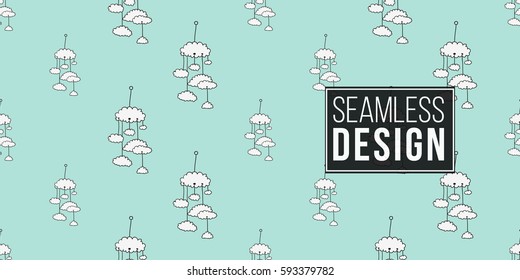 Funny cute new born welcome baby boy mobility vector seamless pattern on light blue background. Backdrop for children nursery, greeting card, web, apps.