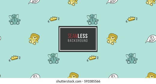 Funny cute new born welcome baby boy inscription and toy and crown vector seamless pattern on light blue background. Backdrop for children nursery, greeting card, web, apps.