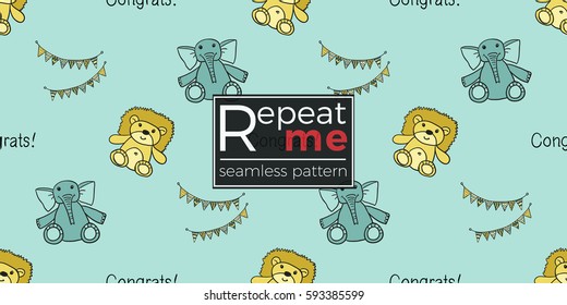 Funny cute new born welcome baby boy inscription and toy and fabric vector seamless pattern on light blue background. Backdrop for children nursery, greeting card, web, apps.