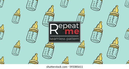 Funny cute new born welcome boy baby bottle, vector seamless pattern on light blue background. Backdrop for children nursery, greeting card, web, apps.