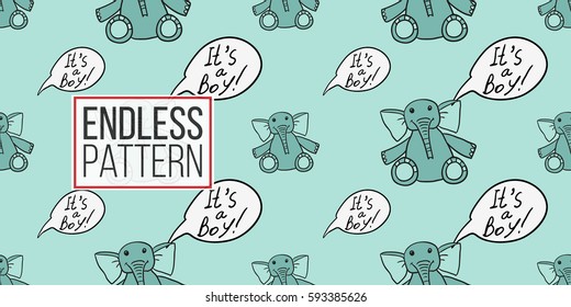 Funny cute new born welcome baby boy inscription and toy vector seamless pattern on light blue background. Backdrop for children nursery, greeting card, web, apps.