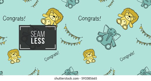 Funny cute new born welcome baby boy inscription and toy and fabric vector seamless pattern on light blue background. Backdrop for children nursery, greeting card, web, apps.
