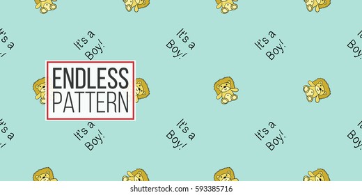 Funny cute new born welcome baby boy inscription and toy vector seamless pattern on light blue background. Backdrop for children nursery, greeting card, web, apps.