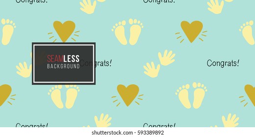Funny cute new born welcome baby boy inscription and yellow and foot and handprint vector seamless pattern on light blue background. Backdrop for children nursery, greeting card, web, apps.