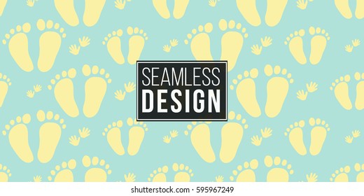 Funny cute new born welcome baby boy foot and handprint vector seamless pattern on light blue background. Backdrop for children nursery, greeting card, web, apps.