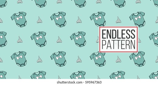 Funny cute new born welcome baby boy hat and bodysuit vector seamless pattern on light blue background. Backdrop for children nursery, greeting card, web, apps.