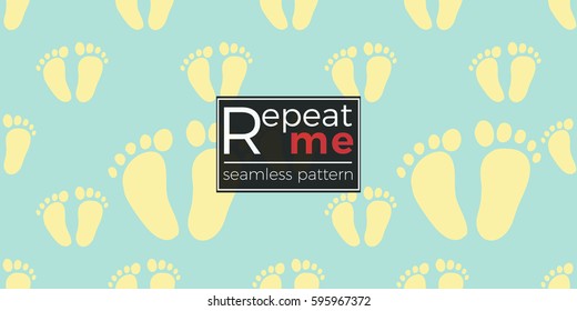 Funny cute new born welcome baby boy foot vector seamless pattern on light blue background. Backdrop for children nursery, greeting card, web, apps.