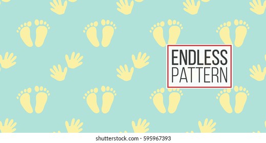 Funny cute new born welcome baby boy foot and handprint vector seamless pattern on light blue background. Backdrop for children nursery, greeting card, web, apps.