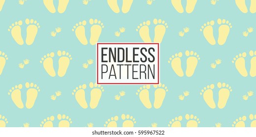 Funny cute new born welcome baby boy foot and handprint vector seamless pattern on light blue background. Backdrop for children nursery, greeting card, web, apps.