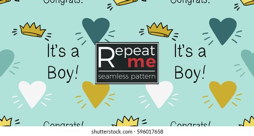 Funny cute new born welcome baby boy crown and inscription and blue and white and yellow vector seamless pattern on light blue background. Backdrop for children nursery, greeting card, web, apps.
